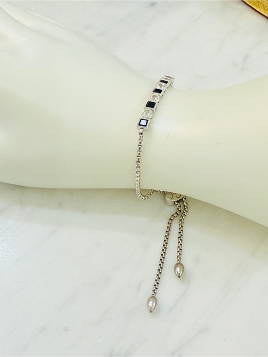 925 Sterling Silver Jewelry - Signed SUN R&M Sterling Silver Blue and White Saphire Adjustable Tennis Bracelet